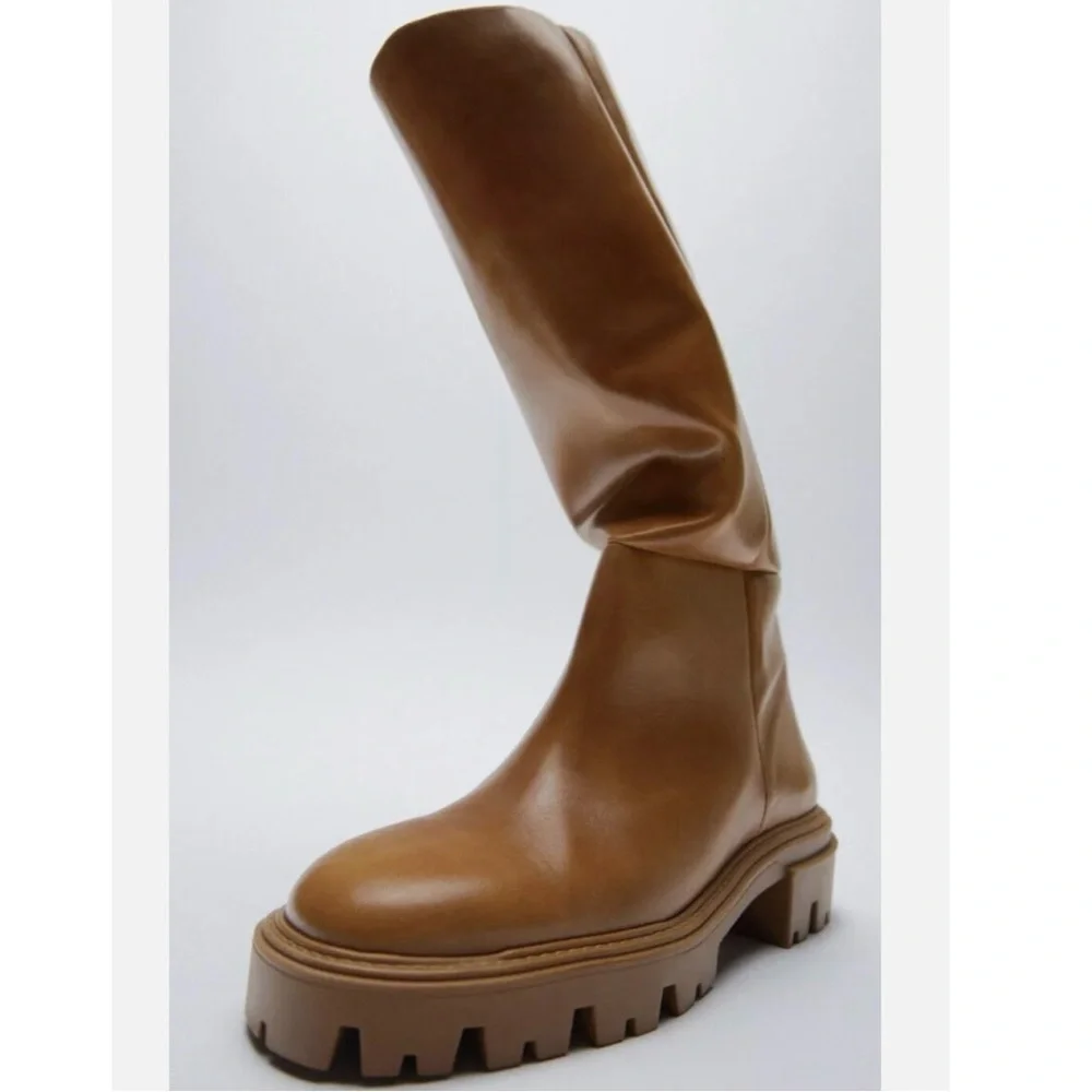 ZARA Flat Knee Brown Tall Leather Boots - Picture 4 of 16